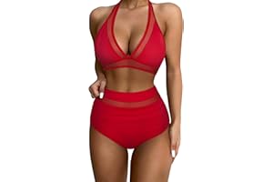 OMKAGI Women Sexy Halter Mesh V Neck 2 Piece Swimsuit High Waisted Bikini Set Ruched Tummy Control Swimwear
