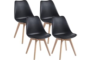 DEWINNER Sillas de Comedor escandinavas, Silla de Oficina Retro, Asiento Acolchado de Haya Maciza (Negro, Juego de 4)