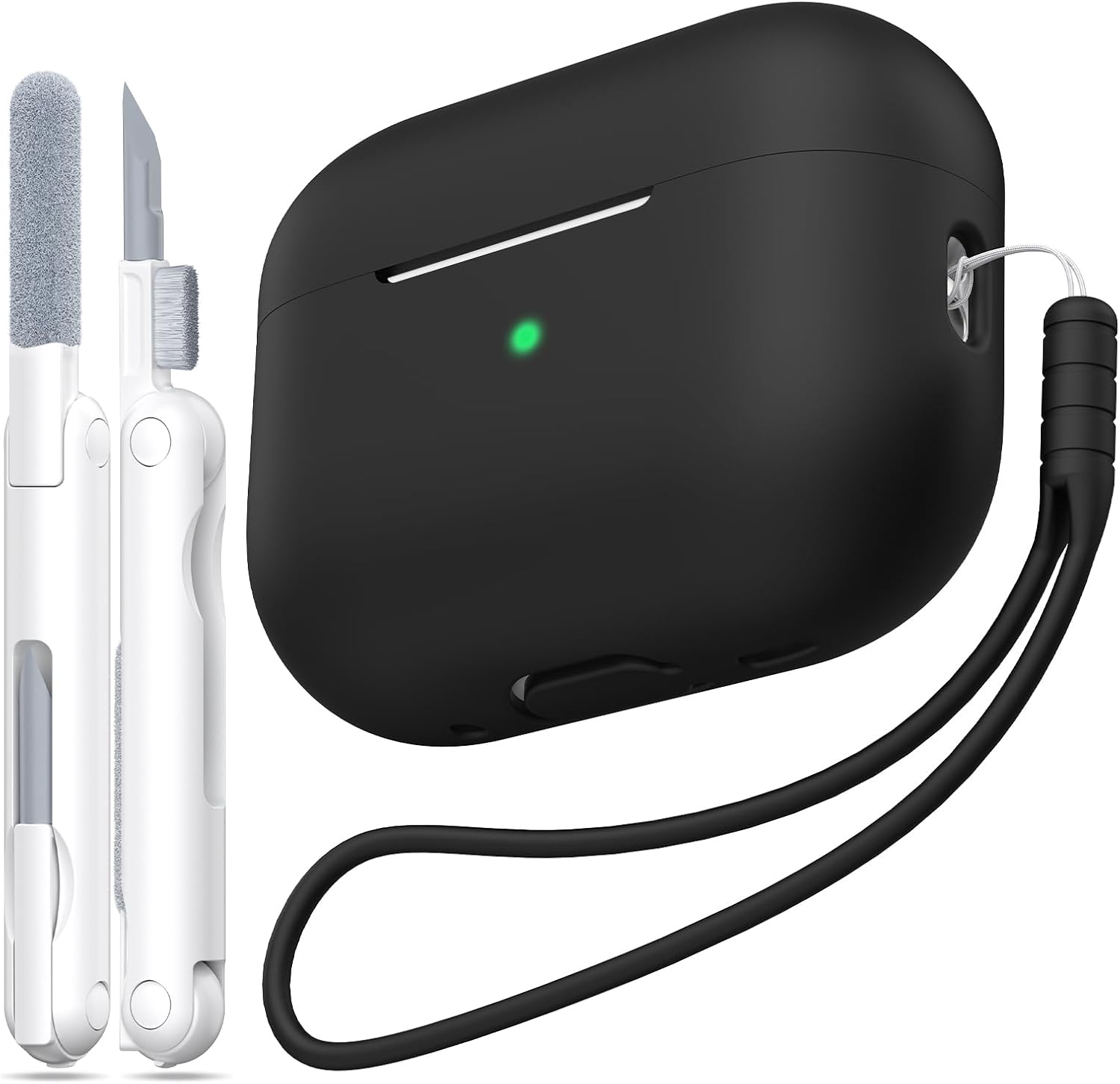 MHYALUDO Funda para AirPods Pro de 2ª generación, Funda para AirPods Pro de Silicona Suave anticaída de Grado Militar Que Absorbe los Golpes, Tacto de Piel con Llavero y Kit de Limpieza,Negro