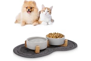 JOFLVA Gamelle Sureleve 2x400ML Ceramique Bol AVCE Support Tapis Antidérapant pour Chat Chien （Gris）