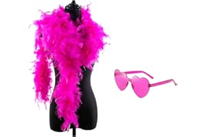 Mystiqut 2 Pcs Hot Pink Feather Boa with Heart Rimless Sunglasses Feather Boas and Heart Rimless Sunglasses for Dancing Wedding Party Cosplay Halloween Dress Up