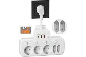 KIYKZI PD20W Regletas Enchufes con USB C, Ladron Enchufes con Interruptor, Regleta 5 Tomas con Dual QC18W y PD20W Carga Rápida,Regleta 5 Enchufes Proteccion Sobretension,Base Enchufe Multiple Pared,Blanco