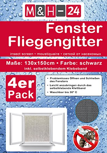 4er Set Fliegengitter-Fenster 130x150 cm in schwarz mit Klettband Moskitonetz Insektenschutz, individuell kürzbares Fliegennetz, witterungsbeständig
