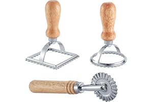HSP-HSWITI Ravioli Maker Stamp Cutter with Roller Wheel Set, Pasta Maker Mold with Wooden Handle and Fluted Edge, Ravioli Cutter and Press Stamp – for Pasta, Dumplings Lasagna, Pierogi (3 Set with Cutter)