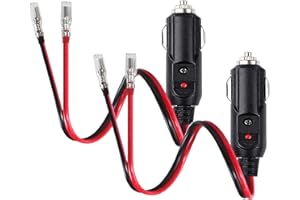 WISESURF 2 Pcs Car Cigarette Lighter Male Plug with Leads, 12V/24V Replacement Male Plug to Bullet Female Terminal Car Adapter Dc Battery Charger 12inch Lead Cable with LED Indicator, 15A Fuse Protection