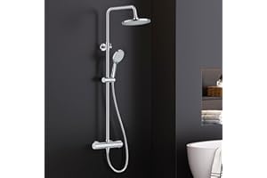 FORIOUS Thermostatic Shower Mixer Set,Stainless Steel Shower Bar Set with Adjustable Height Shower Rod, 25cm Round Overhead RainfallShower,3 Jet Types HandShower,Thermostatic Shower System Chrom