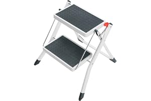 ‎HAILO Hailo MK60 Mini Stahl-Trittleiter - 2 große Stufen mit Anti-Rutsch-Matten bis 150kg - Klappsicherung mit Entriegelungstaste - Tragegriff - Klapptrittleiter rostfrei und einfach zu verstauen - weiß