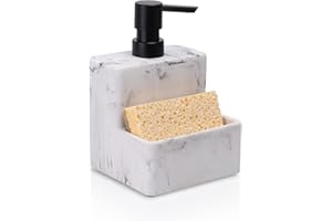 ZCCZ Dosificador Jabón con Soporte de Esponja, Dispensador 2 en 1 para Cocina, Baño o Lavabo, Organizador Estropajos Fregadero con Diseño de Mármol, Blanco