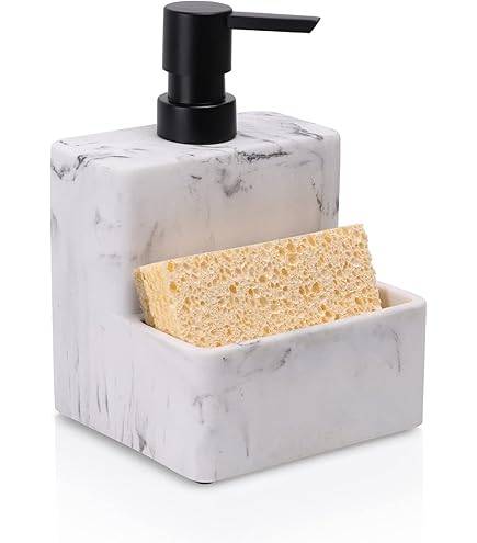 Zhanwang Dispensatore Di Sapone Con Porta Spugna – Motivo Marmo Bianco, Mensola Salvaspazio Per Cucina