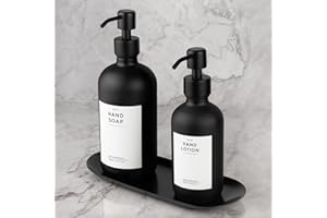 MONOKO 2er Set Seifenspender Schwarz Matt aus Glas mit Tablett | 500/250ml Spülmittelspender Küche | Flaschen zum Befüllen | Spender Pumpkopf Edelstahl | Pumpflasche + Aufkleber