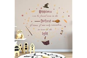 KAIRNE Magical Inspirational Quotes Wall Stickers for Kid Bedroom,Happiness can be Found Even in the Darkest of Time Wall Art for Reading Corner Decoration, Golden Snitch Magic Book Feather Wall Decal