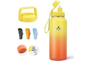 ALongSong Gourde Isotherme 1L Bouteille Thermos Cafe Pour Enfant Femme Homme, Sans BPA, Maintien Froid 48H & Chaud 24H Avec Paille 2 Couvercles - Jaune