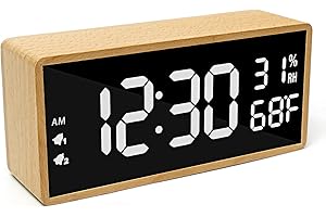 hinrey Réveil Numérique, Reveil Matin LED Horloge Digitale avec Affichage Date, Température, 2 Alarmes, 7 Niveaux de Luminosité, Horloge Numérique Alimenté par USB【Bois Clair】