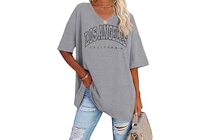 Tomwell Damen Los Angeles Brief T-Shirt mit V-Ausschnitt Kurzarm Sport Sommer Rundhals Oversized Oberteile Drucken Sweatshirt Lose Bluse Tunika Lang für Teen Girls Top