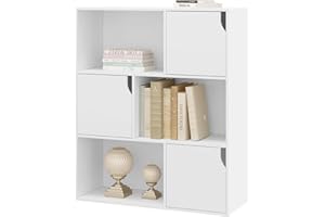 eSituro Regał z 6 przegródkami, 3-poziomowy regał z drzwiami, organizer na książki i zabawki do sypialni, biura lub gabinetu, przegrody pokoju, 80 x 30 x 96 cm, biały, SBKC0050