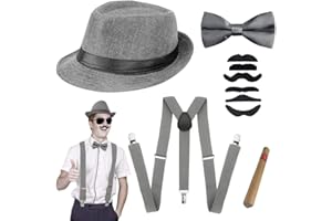 JORAKI Gatsby Accessori Uomo Anni ‘20 con Gangster Cappello Bretella Papillon Baffi Finti Orologio da Taschino,Set Costumi da Uomo per Travestimenti Feste di Ruolo Halloween