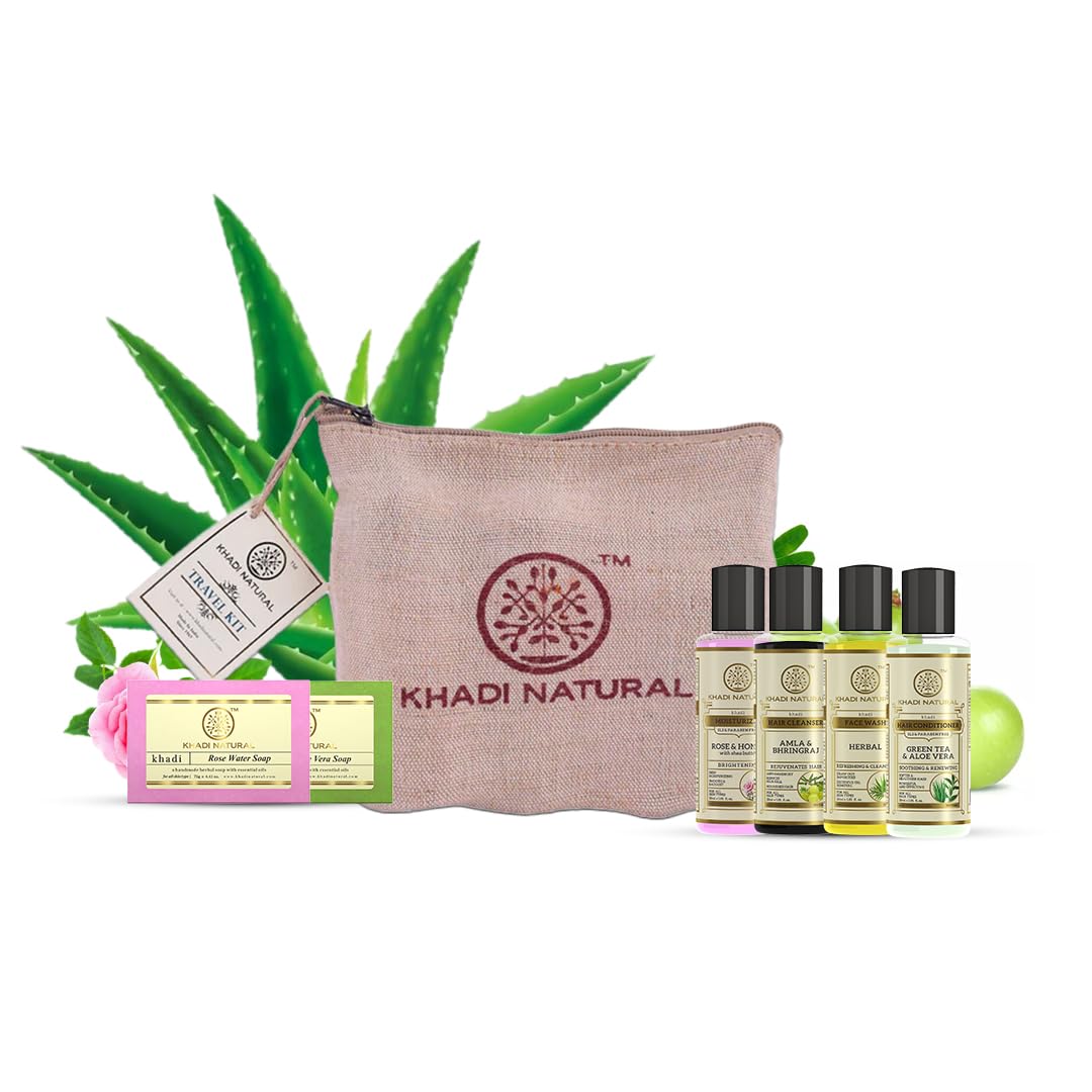 Khadi Natural Travel Kit|Skincare essentials on the go|Mix of skin and hair care essentials|Lightweight and easy to carry|Sui