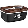 ALELION Black Butter Dish with Lid and Knife for Countertop - Airtight Ceramic Butter Keeper Container with Thick Acacia Wood Lid for Counter or Fridge - Black Kitchen Decor and Accessories