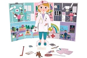 Floss & Rock Magnetic Florence Doll - 40-Piece Wooden Educational Dress-Up Set - Doctor, Nurse, and Patient Outfits - Montessori Toy with Reversible Scene & Easy Storage Creative Play for Kids Ages 3+