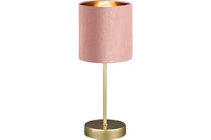 Fischer & Honsel Lampe de table Aura, élégante lampe de table au design classique avec interrupteur à corde, 1 douille E 14, métal doré et abat-jour en velours rose, hauteur : 34 cm