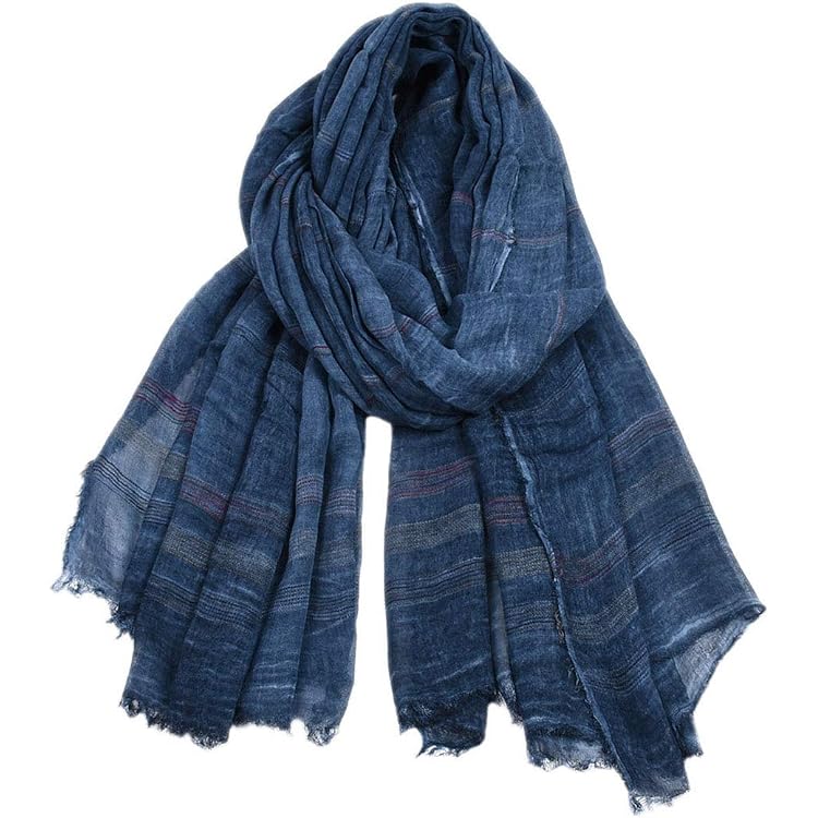 Écharpe Foulard Homme Ella Jonte - Coton Bleu Et Blanc - Dimensions 180 X 60 Cm - Finition Franges - Douce Et Légère