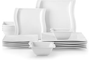 MALACASA Square Plates and Bowls Set, 18-Piece Ivory White Porcelain Dinner Sets for 6 People, Ceramic Crockery Set Modern Dinnerware Set, Microwave Dishwasher Safe, Series Flora