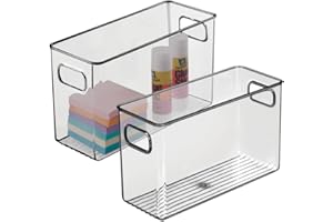 mDesign Set of 2 Plastic Storage Bin with Integrated Handles – Home Office Storage Solutions for Pens, Paper, Folders and More – Long and Stackable Storage Container – Smoke Grey
