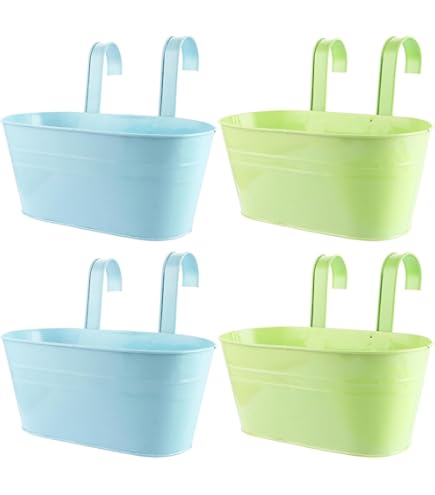 2 stuks metalen ijzeren hangende bloemplantenpotten, plantenbak emmer bloemplantenhouder, grote omheining reling balkon tuin hangende emmer plantenbakken met afneembare haken voor binnen en buiten