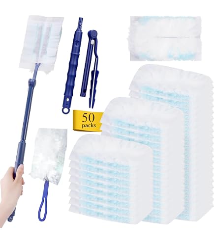Kit Plumeau Anti-Poussière 50 Recharges + 2 Manches (Pliable + Télescopique 90cm) - Microfibre Électrostatique, Nettoyage Maison Bureau Voiture