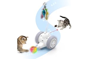 Tyasoleil Cat Toys for Indoor Cats, Interactive cat toy, 4in1 Rechargeable Kitten Toy, Automatic Moving Wheels, Indoor Cat Kicker Toys, 2 Natural Feathers, Colorful lights