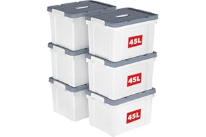 Cetomo 45L*6 Aufbewahrungsboxen, Tragbare Plastikboxen mit Deckeln, Organizer-Behälter mit Griff und Clips, Stapelbar, Ineinander Nestbar, für Zuhause und Büro, Weiß, 45L-6er Pack