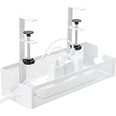 Cozary Cable Organizer Desk Tray No Drilling White | Adjustable 1-2 Inch Board Hooks Carbon Steel for Router Power Strip and