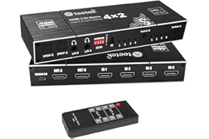 Steetek HDMI Matrix 4X2 Switch, 4K@60Hz HDMI Splitter Umschalter RGB 8: 8: 8, SPDIF 5.1H, Audio EDID Extraktor, 3.5mm Stereo-Audio HDMI 2.0 HDCP 2.2 3D-Video-Splitter mit IR-Fernbedienung