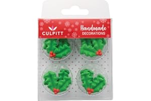 Culpitt Holly & Berry Sugar Pipings, Edible Royal Icing Decorations, Festive Christmas Cake and Cupcake Toppers - Pack of 12