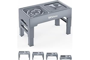 TONGKTAI Składany, podwyższony stojak na miski dla psów, stojak z 4 regulowanymi wysokościami, miska spowalniająca jedzenie i miska na wodę z pływającą płytką, dla dużych, małych, średnich psów