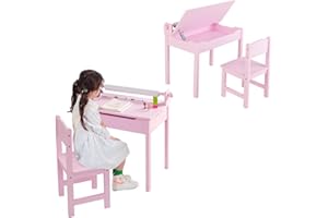 LIFEZEAL Juego de Mesa y Silla Infantil, pupitre Escolar con Silla y cajón, Escritorio con Tablero Plegable y portarrollos de Papel, Conjunto de pupitre para niños de 3 a 12 años (Rosa)