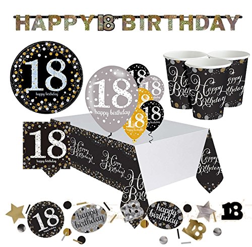 12x Deckenhänger Swirl und Tischkonfetti 18 Geburtstag in gold schwarz silber + Glitter 18 Happy Birthday - 5