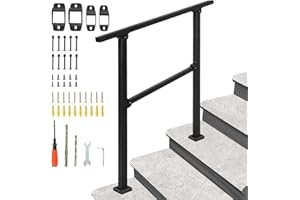 BQKOZFIN Wrought Iron Handrail, Step Handrails for Outdoor Steps, Adjustable Porch Railing Transitional Rail with Installation Kit for Concrete or Wooden Stairs (Black)