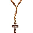 Memoir Wooden, England Teak Wood Colour, Christian Christ Jesus Rosary Bead Mala with Jesus Imprint dangling cross necklace Christian jewellery men women boys girls