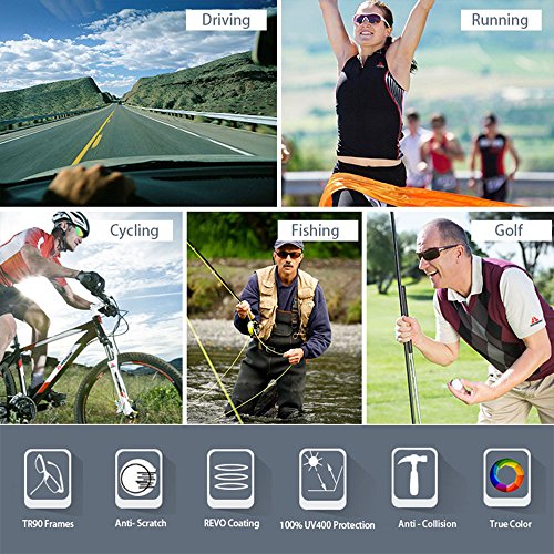 Unisex Radbrille Sportbrille Sonnenbrille, UV-Schutz, 5 Wechselgläser inkl. Schwarze polarisierte Linse, für Outdooraktivitäten wie Radfahren Laufen Klettern usw. - 7