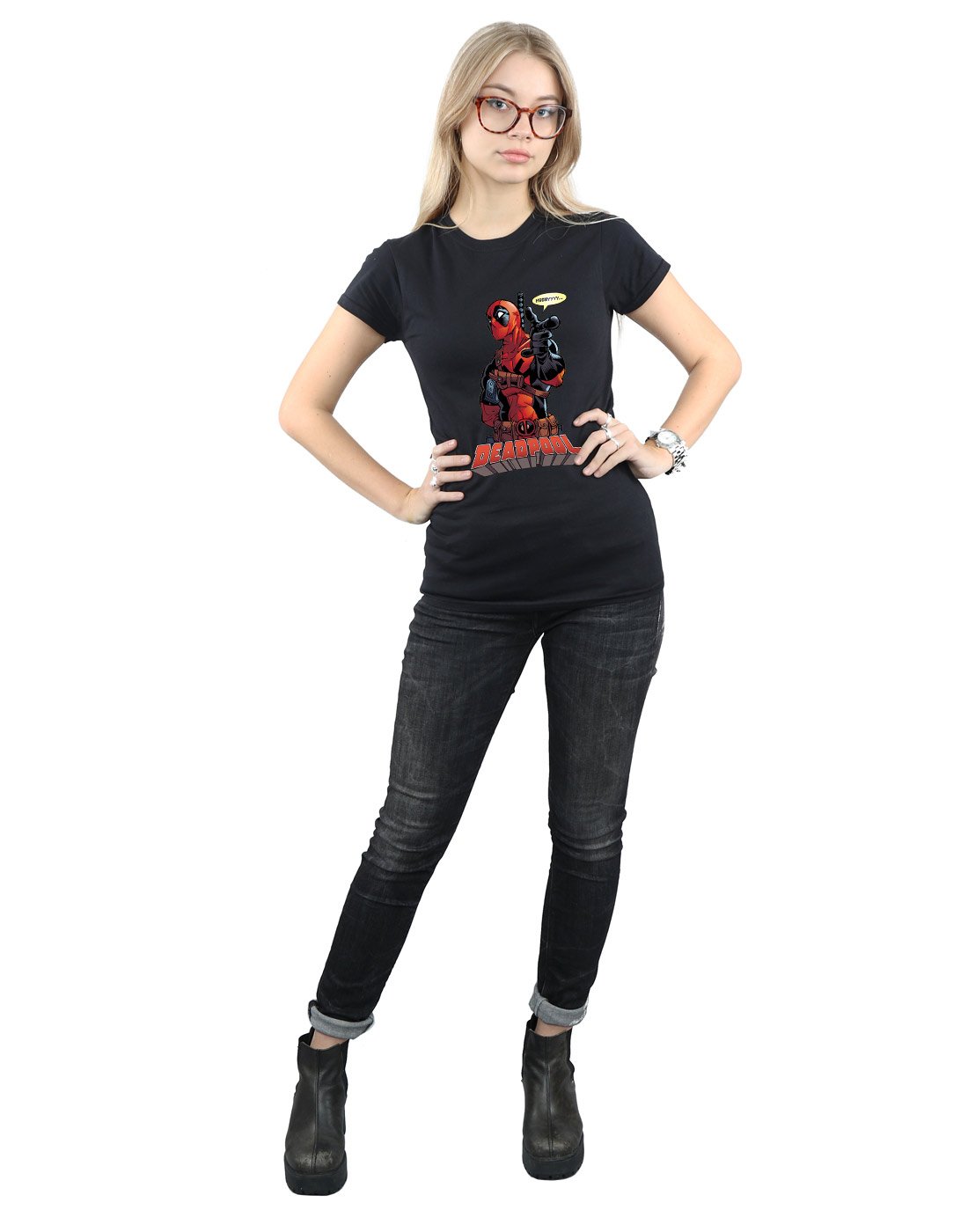Marvel-Damen-Deadpool-Hey-You-T-Shirt-Schwarz-Medium