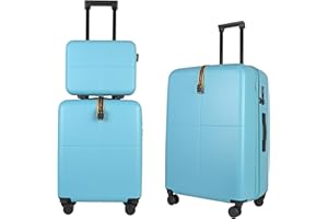 JLY 3-Piece Luggage Set – Hard Shell Vanity Case, Cabin Suitcase and Large Expandable Spinner Luggage with TSA Lock, Lightweight Polycarbonate Travel Bags – Aqua Blue