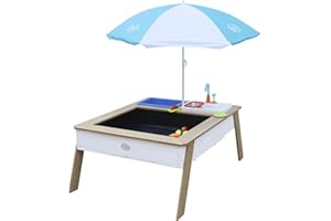 AXI Linda Sand & Wassertisch aus Holz mit Spielküchenspüle | Matschtisch/Spielküche/Wasserspieltisch/Sandtisch für Kinder in Braun & Weiß mit Sonnenschirm
