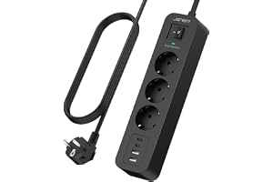 JSVER Grenuttag med 3 Uttag, Väggadapter med 4 USB-laddningsportar (2A + 2C) (5V 2.4A), Adapterkontakt med Strömbrytare, Adap