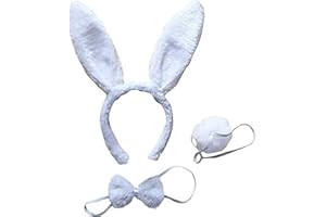 LHKJ 3pcs Lindo Orejas de Conejo Diadema Pajarita Cola Cola, Cosplay Traje de Conejo Accesorio (Blanco)