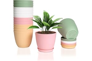 FORAGIFT 16 Pack 15cm Plastic Plant Pots for Indoor Flower Pots, Heavy Duty and Stylish Plant Pots for Indoor Plants with Drainage Holes and Tray for Plants, Flowers, Colourful