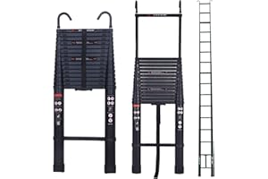 DICN 6.2M/20.5FT Telescopic Ladder Aluminum Folding Ladder with Detachable Hooks Attic Ladder Collapsible Ladder Easy to Retract for Home Use Business Roof RV Outdoor Activities EN131 CE Standards (Black)