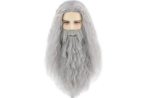 Topcosplay Wig and Beard Men's Long Grey Cosplay Wizard Sorcerer Prophet Wig for Carnival Halloween Costume
