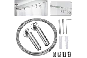 panthem 5M Stainless Steel Curtain Wire with Fixings Set, Picture Hanging Wire Multi-Purpose Set Clothesline Curtain Drape Wire Rod Rope Kit for Hang Photos, Notes, Light and Lamp