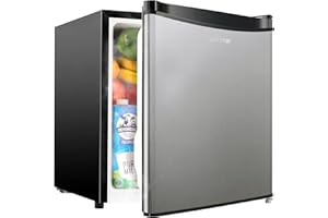 Upstreman Mini Frigo bar con congelatore, 46L, Silenzioso,Porta reversibile,Termostato Regolabile, Risparmio Energetico, Frigorifero Piccolo da camera, ufficio,Hotel, Acciaio Inox -FR17